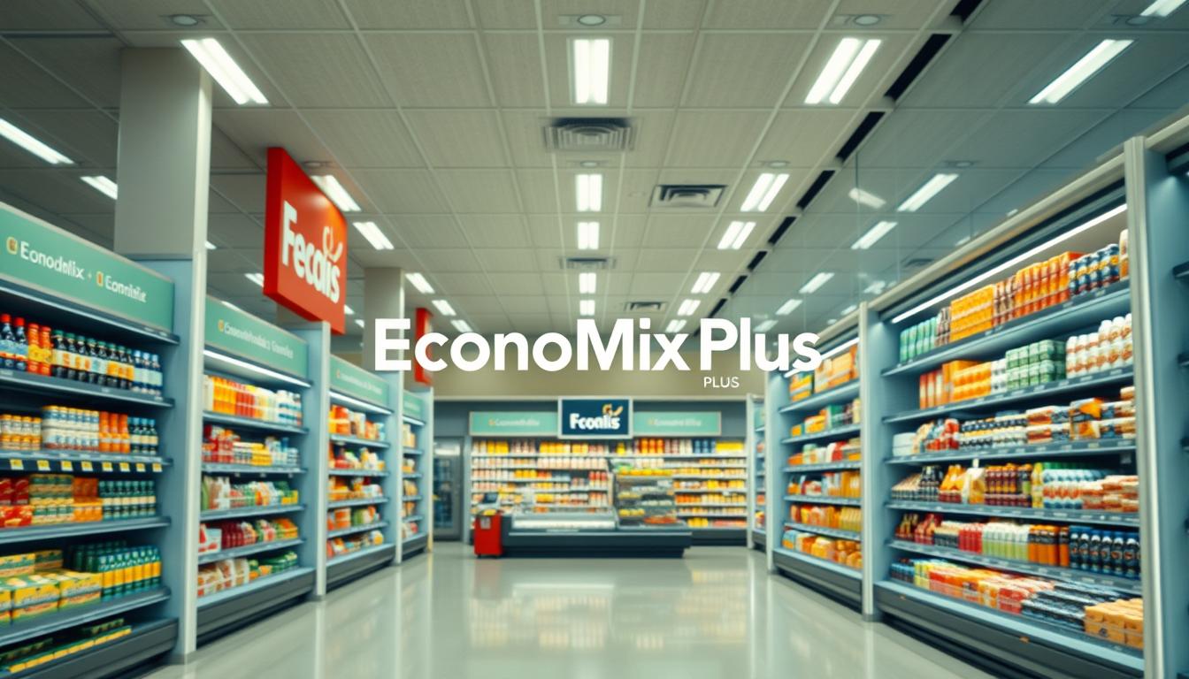 A large, modern retail supermarket interior with vibrant displays of the EconoMix Plus brand. Bright, evenly distributed lighting illuminates the carefully curated shelves showcasing a diverse selection of high-quality grocery products. Sleek, minimalist design elements create a clean, inviting atmosphere. The EconoMix Plus logo is prominently featured, establishing a strong brand presence. The overall composition emphasizes the breadth and quality of the U.S. retail portfolio, presenting Ahold Delhaize as a dominant force in the American grocery market.