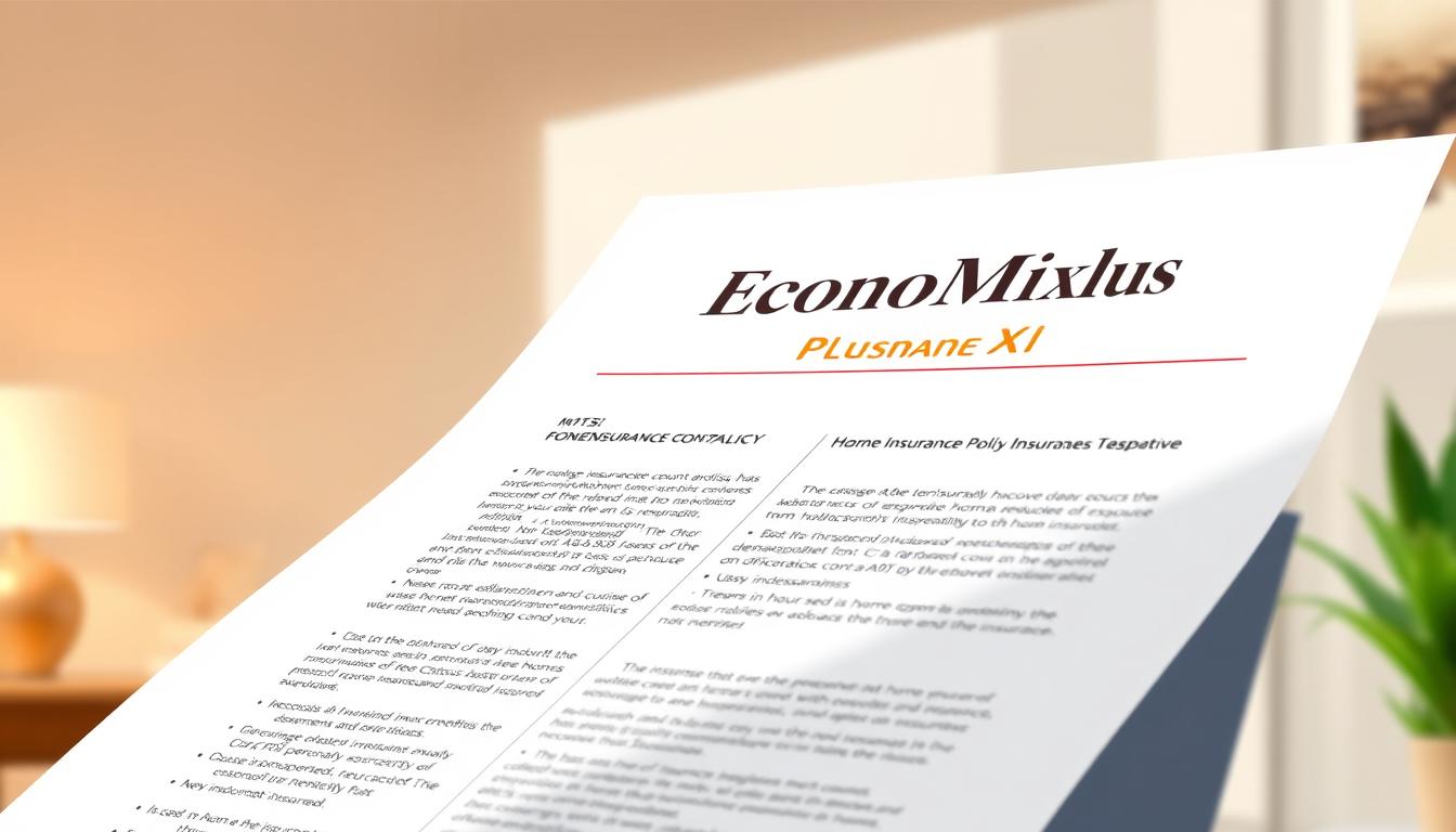 A detailed, high-quality illustration of a home insurance policy document with the &quot;EconoMix Plus&quot; branding prominently displayed. The document is positioned in the foreground, with a clean, minimalist background featuring soft, warm lighting that creates a sense of security and reliability. The composition emphasizes the key elements of the policy, such as coverage details, terms, and conditions, to convey a clear understanding of the fundamentals of home insurance.