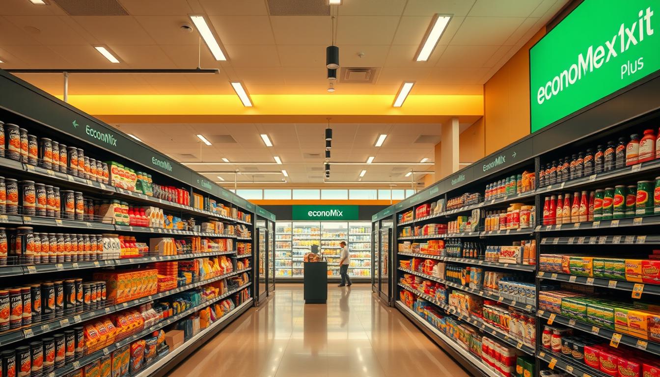 A sleek, modern grocery store interior, bathed in warm, natural lighting. Rows of neatly stocked shelves display the EconoMix Plus brand, showcasing a variety of high-quality products. The store's layout is designed with customer convenience in mind, with clear wayfinding and intuitive product organization. The atmosphere is inviting, with a focus on simplicity and efficiency, reflecting Ahold Delhaize's customer-centric approach to retail. The overall scene conveys a sense of quality, care, and a dedication to meeting the needs of the modern consumer.