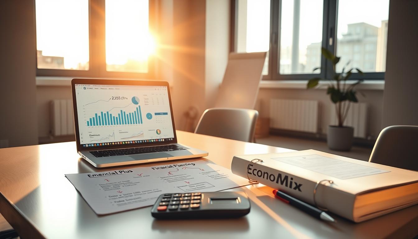 A modern office interior, illuminated by warm, natural light filtering through large windows. On a sleek, minimalist desk, a laptop displays financial data and charts, while a hand-drawn diagram outlines emergency financial planning strategies. Nearby, a well-organized binder labeled &quot;EconoMix Plus&quot; rests alongside a calculator and a pen. The atmosphere is one of focus and careful deliberation, conveying the importance of assessing one's current financial situation to weather any short-term crises.