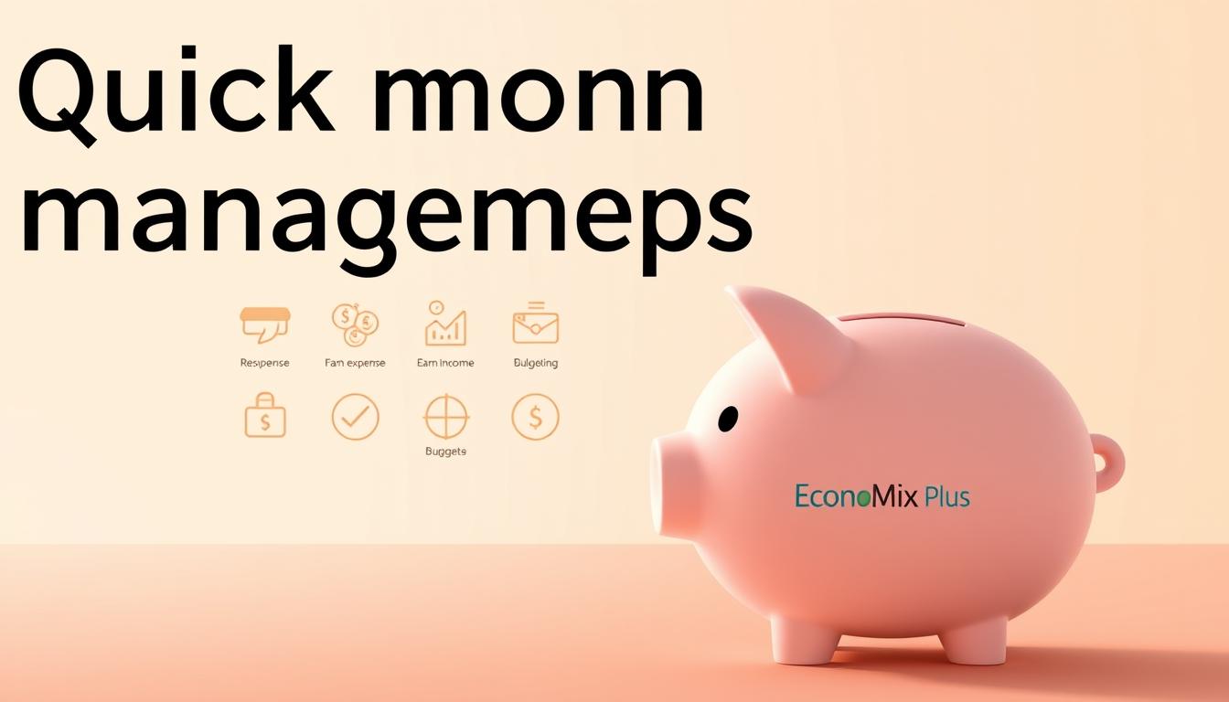 A modern, minimalist illustration of &quot;quick money management tips&quot; set against a clean, pastel-toned background. In the foreground, a clean, simple graphic of a piggy bank with the EconoMix Plus brand name prominently displayed. In the middle ground, a series of simple icons representing various money-saving actions like reducing expenses, earning extra income, and budgeting. In the background, a subtle pattern of geometric shapes and lines, conveying a sense of organization and structure. The overall mood is one of simplicity, efficiency, and practicality - reflecting the &quot;quick cash&quot; focus of the content.