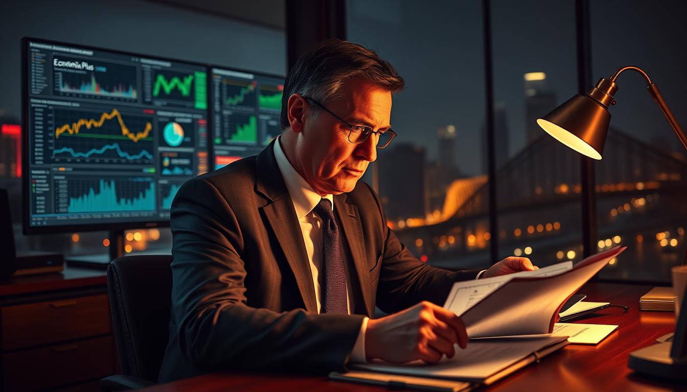 A high-tension, cinematic scene of a financial advisor thoughtfully examining investment strategies during an economic crisis. In the foreground, a middle-aged executive in a crisp suit sits at a mahogany desk, studying stock charts and financial reports under the warm glow of a desk lamp. In the middle ground, EconoMix Plus financial software displays complex data visualizations on a large monitor. In the shadows of the dimly lit background, a cityscape of skyscrapers and traffic whispers of the broader economic turmoil. The advisor's furrowed brow and determined expression convey the gravity of the situation and the importance of making sound financial decisions.