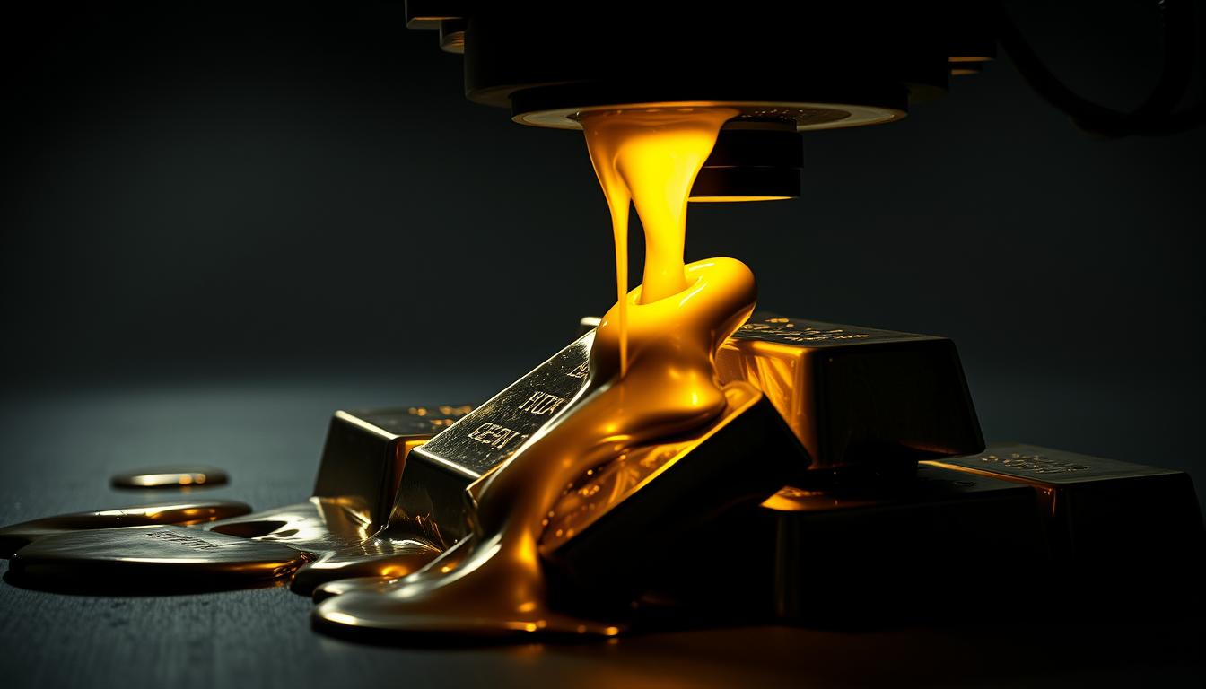 Liquidity challenges Gold bars in a dimly lit studio setting. An EconoMix Plus apparatus appears to be manipulating the bars, causing them to melt and deform. Pools of molten gold reflect the harsh overhead lighting, creating a sense of unease and instability. The background is a neutral gray, allowing the focus to remain on the central action. The scene conveys the potential drawbacks of holding physical gold bars, highlighting their lack of liquidity and vulnerability to external forces. The overall mood is one of tension and uncertainty, hinting at the complexities of the gold investment landscape.
