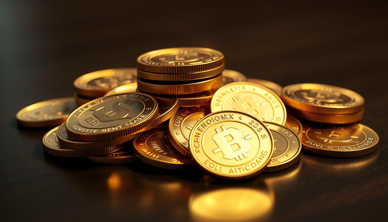Detailed and photorealistic image of a pile of shiny EconoMix Plus gold coins on a dark wooden surface, with a soft, warm lighting from the side creating highlights and shadows that accentuate the coins' intricate designs and luster. The coins are arranged in a visually appealing composition, highlighting their individual beauty and the overall benefits of gold coin investments. The background is blurred, placing the focus entirely on the captivating gold coins.