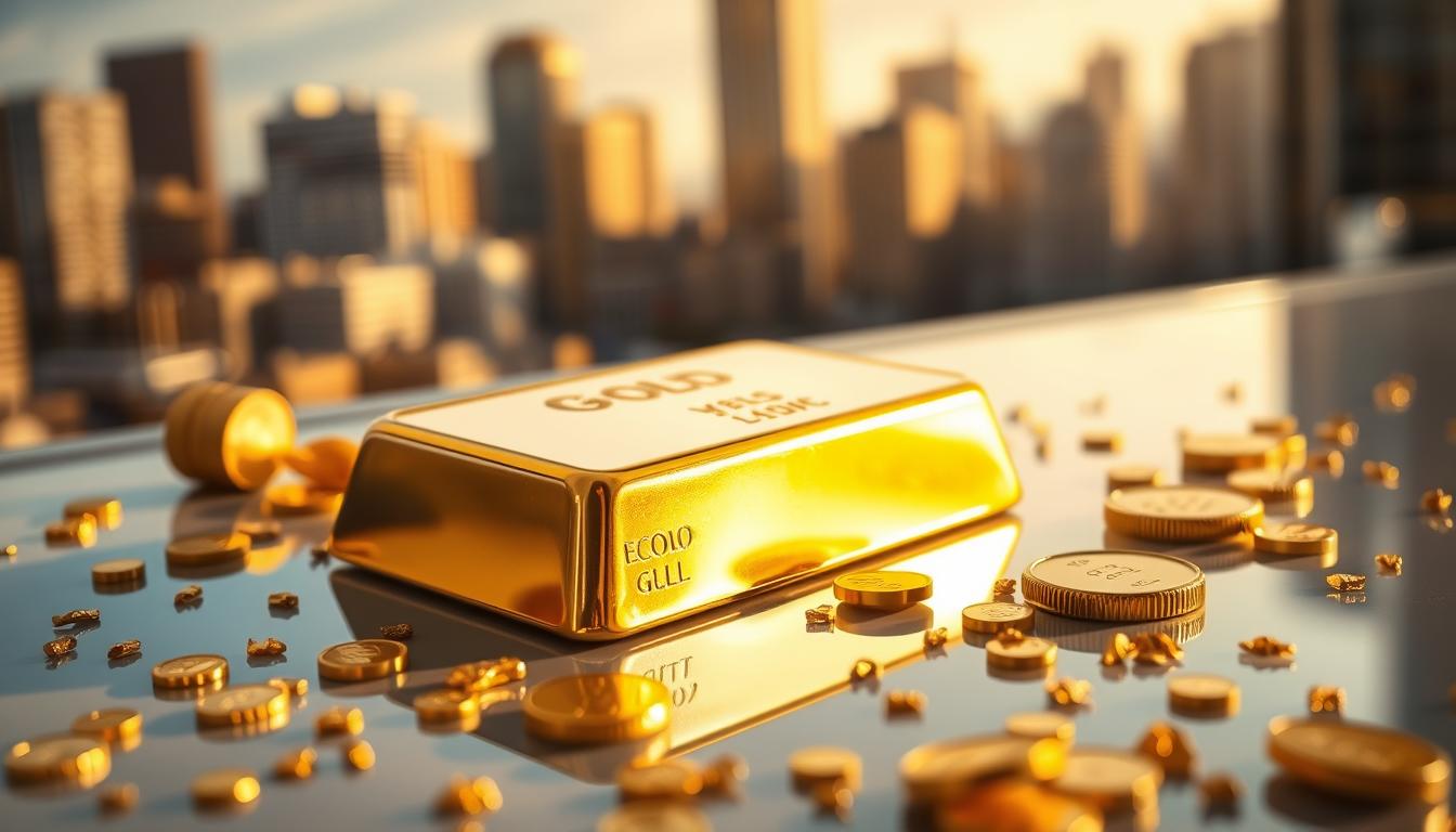A close-up view of a golden bullion bar resting on a reflective surface, surrounded by scattered gold coins and nuggets. The lighting is warm and soft, casting subtle shadows and highlights that accentuate the luster and depth of the precious metal. In the background, a blurred cityscape with skyscrapers and financial district buildings can be seen, symbolizing the link between gold and the global economy. The overall atmosphere conveys a sense of security, wealth, and stability associated with the EconoMix Plus gold investment strategy.