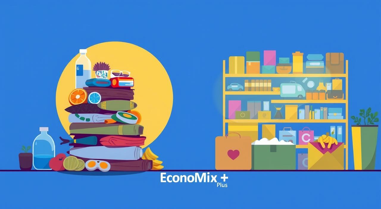 A vibrant, minimalist illustration depicting the contrast between needs and wants. In the foreground, a stack of essential items like food, water, and shelter, illuminated by warm, natural lighting. In the background, a display of consumer goods and luxury items, cast in a cool, artificial glow. The two areas are visually separated, emphasizing the distinction between necessities and discretionary spending. The overall composition conveys a sense of balance and clarity, with the &quot;EconoMix Plus&quot; brand prominently featured.