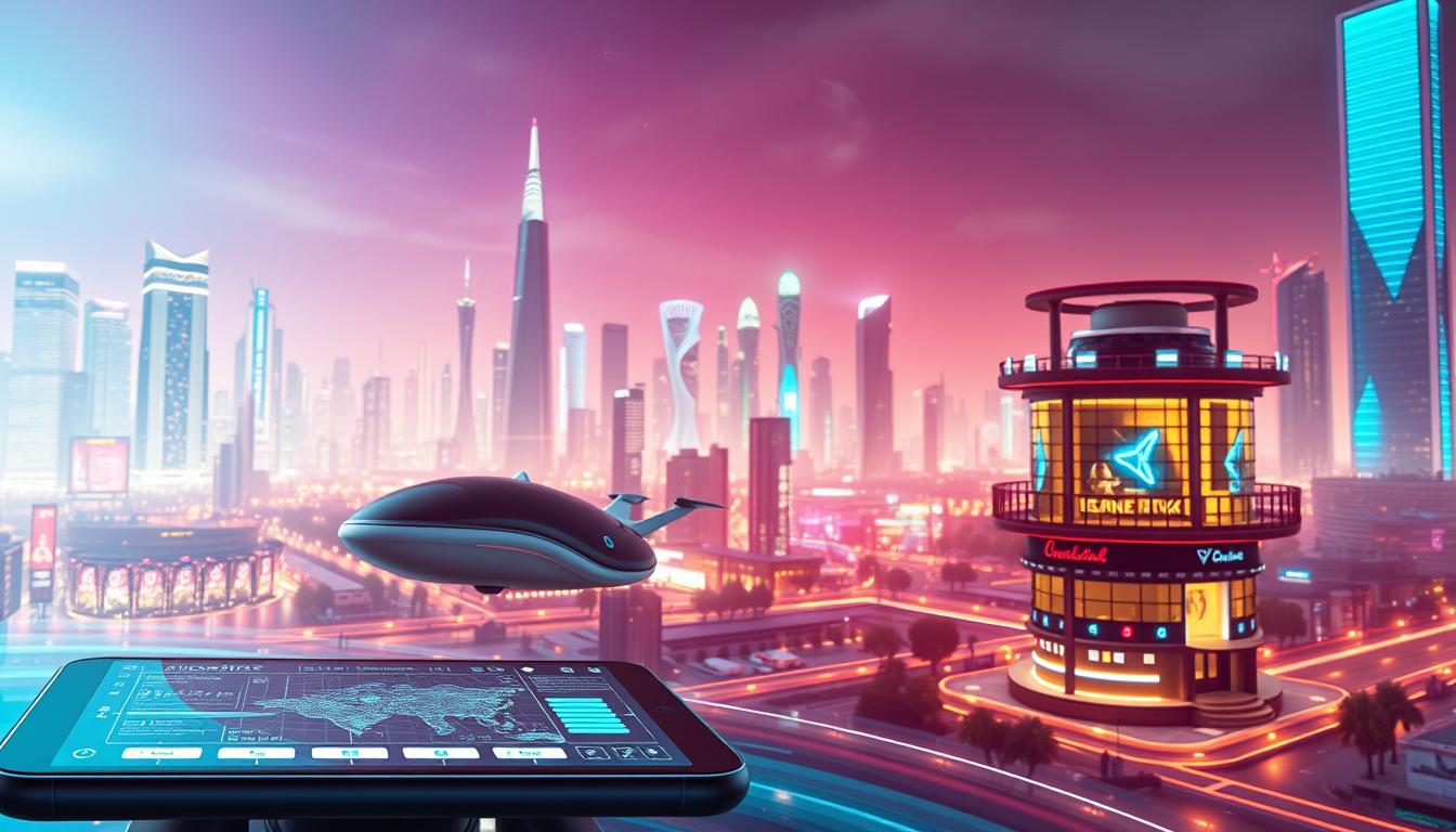 A vibrant digital landscape showcasing the future of travel innovation. In the foreground, a sleek digital interface depicting the EconoMix Plus app, its intuitive design guiding users through seamless booking and planning experiences. The middle ground features futuristic modes of transportation, from autonomous hovercrafts to virtual reality-enhanced hotel rooms, all connected by a network of glowing data streams. In the background, a cityscape of towering skyscrapers and bustling hubs of technological progress, representing the digitally-driven transformation of the travel industry. Bright, neon-tinged lighting casts an urban, yet futuristic glow, capturing the essence of Airbnb's disruptive influence on the travel landscape.