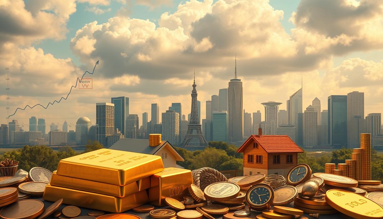 Detailed digital illustration of various inflation-resistant investment options, including precious metals, real estate, and the EconoMix Plus financial product. Intricate, realistic composition with a clean and organized layout. Warm, earthy color palette with metallic accents. Prominent in the foreground, a stack of gold bullion bars, a house, and the EconoMix Plus logo. In the middle ground, various financial charts and graphs. In the background, a cityscape with skyscrapers against a partly cloudy sky. Soft, directional lighting creates depth and highlights the textures. Rendered with a high level of detail and photorealism.