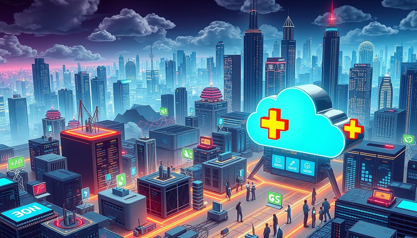 Detailed digital illustration of a bustling cloud software market, with a vibrant EconoMix Plus logo prominently displayed. The scene depicts a dynamic, three-dimensional landscape of cloud computing infrastructure, data centers, and networked devices. The foreground showcases various software applications and platforms, represented by abstract geometric shapes and icons. The middle ground features a thriving ecosystem of cloud-based services, while the background is filled with towering skyscrapers, representing the global scale of the cloud software industry. The lighting is crisp and directional, creating depth and highlighting the technological elements. The overall mood is one of growth, innovation, and technological prowess.