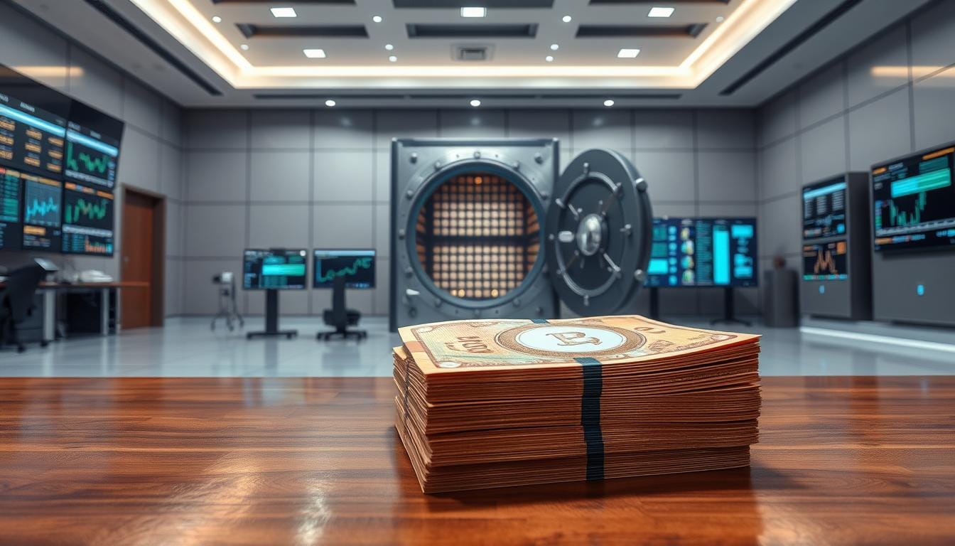 An expansive, well-lit interior scene depicting a functional "EconoMix Plus" asset-backed currency system. In the foreground, a stack of glossy, metallic currency notes sits atop a polished, wooden desk. The middle ground features a series of advanced computer terminals and screens displaying real-time market data and transaction histories. In the background, a towering vault door stands open, revealing a glimpse of the secure storage area housing the precious metal reserves backing the currency. The scene conveys a sense of technological sophistication, financial stability, and economic control.