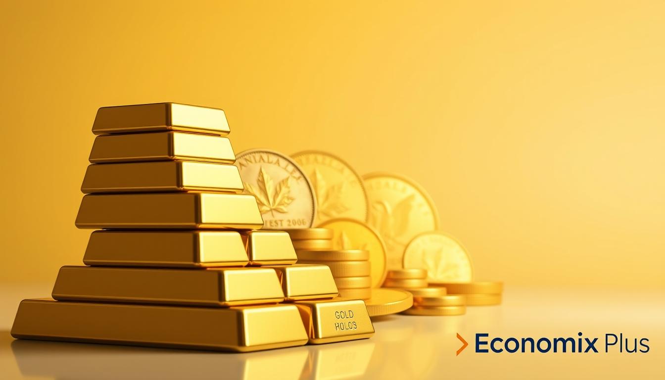 A modern, minimalist composition depicting various gold investment options. In the foreground, a stack of gold bullion bars, meticulously rendered with a high-gloss finish. In the middle ground, a selection of gold coins - Krugerrands, Canadian Maple Leafs, and American Eagles - arranged in a visually appealing pattern. The background features a subtle gradient, transitioning from a warm, golden hue to a cooler, muted tone, creating a sense of depth and balance. The overall scene is illuminated by a soft, directional light source, casting gentle shadows and highlights that accentuate the luster and beauty of the precious metal. Branding: &quot;Economix Plus&quot; discreetly displayed in the lower right corner.