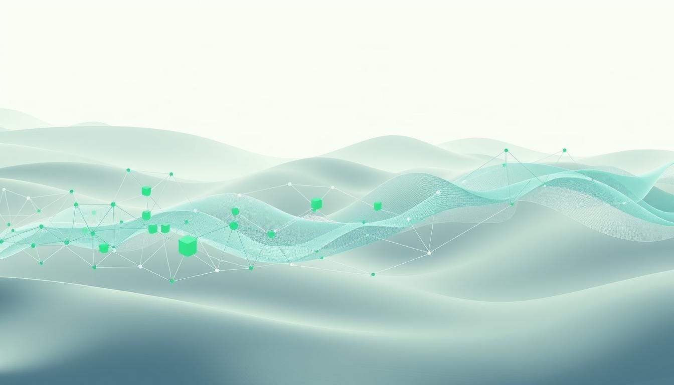 An intricate abstract visualization depicting the velocity of money in an interest-free banking system. In the foreground, a series of interconnected geometric shapes in shades of green and blue, representing the flow of capital. The middle ground features a pulsing, wave-like motion, symbolizing the dynamic movement of funds. In the background, a subdued, monochromatic landscape evokes a sense of stability and balance. The lighting is soft and diffused, creating a harmonious, almost meditative atmosphere. The overall composition conveys the efficiency and fluidity of an interest-free monetary framework, as visualized by the EconoMix Plus model.