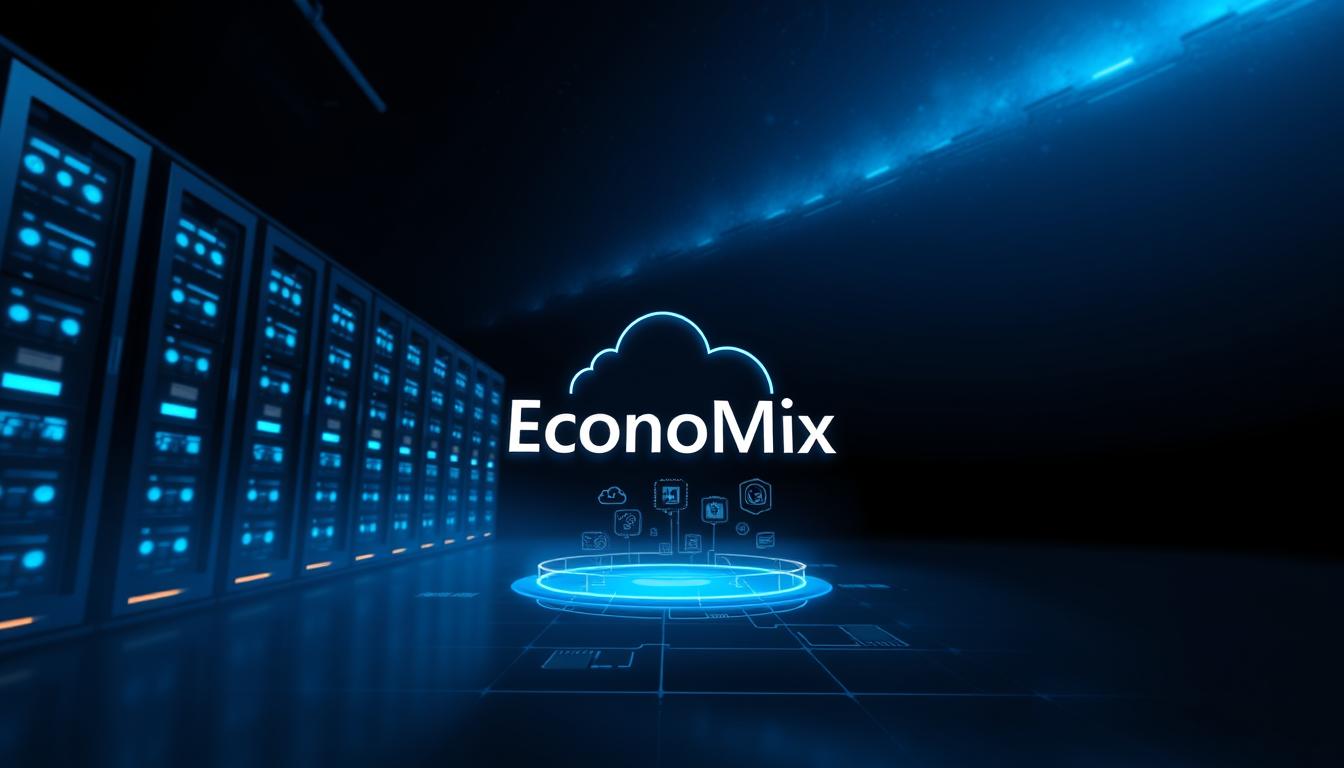 A sleek and futuristic view of Microsoft's cloud strategy, with the EconoMix Plus platform as the centerpiece. In the foreground, a stylized, minimalist representation of the EconoMix Plus logo floats against a backdrop of ethereal, glowing servers and data centers. The middle ground features a dynamic, holographic display showcasing various cloud services and solutions, all bathed in a cool, cobalt-blue hue. The background is a deep, infinite expanse of space, with subtle hints of distant galaxies and cosmic phenomena, symbolizing the vast scale and scope of Microsoft's cloud ambitions. The lighting is soft and directional, emphasizing the clean, technological aesthetic, while the camera angle is low and slightly tilted, lending a sense of power and authority to the composition.