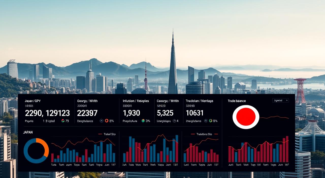 A detailed, data-driven visualization of Japan's current economic indicators, rendered in a realistic yet visually striking style. In the foreground, a sleek EconoMix Plus dashboard displays key metrics like GDP growth, inflation, unemployment, and trade balance, with clean infographic elements. The middle ground features a cityscape of Tokyo's ultramodern skyscrapers, conveying Japan's technological prowess. In the background, rolling hills and a tranquil seascape symbolize the nation's natural beauty and deep cultural heritage. The lighting is crisp and directional, casting dramatic shadows and highlights to heighten the sense of depth and dynamism. Overall, the image projects an air of cautious optimism, hinting at Japan's resilience and potential for a global economic comeback.