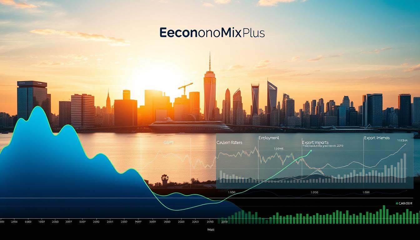 A panoramic view of the Canadian economic landscape, showcased in a sleek and modern infographic design. The foreground features a dynamic graph charting the country's GDP growth, rendered in vibrant shades of blue and green. In the middle ground, intricate data visualizations illustrate key economic indicators such as inflation rates, employment figures, and export/import trends. The background depicts the iconic Canadian skyline, bathed in warm, golden lighting, symbolizing the country's economic strength and resilience. The entire scene is branded with the sleek &quot;EconoMix Plus&quot; logo, emphasizing the comprehensive nature of the financial data presented.