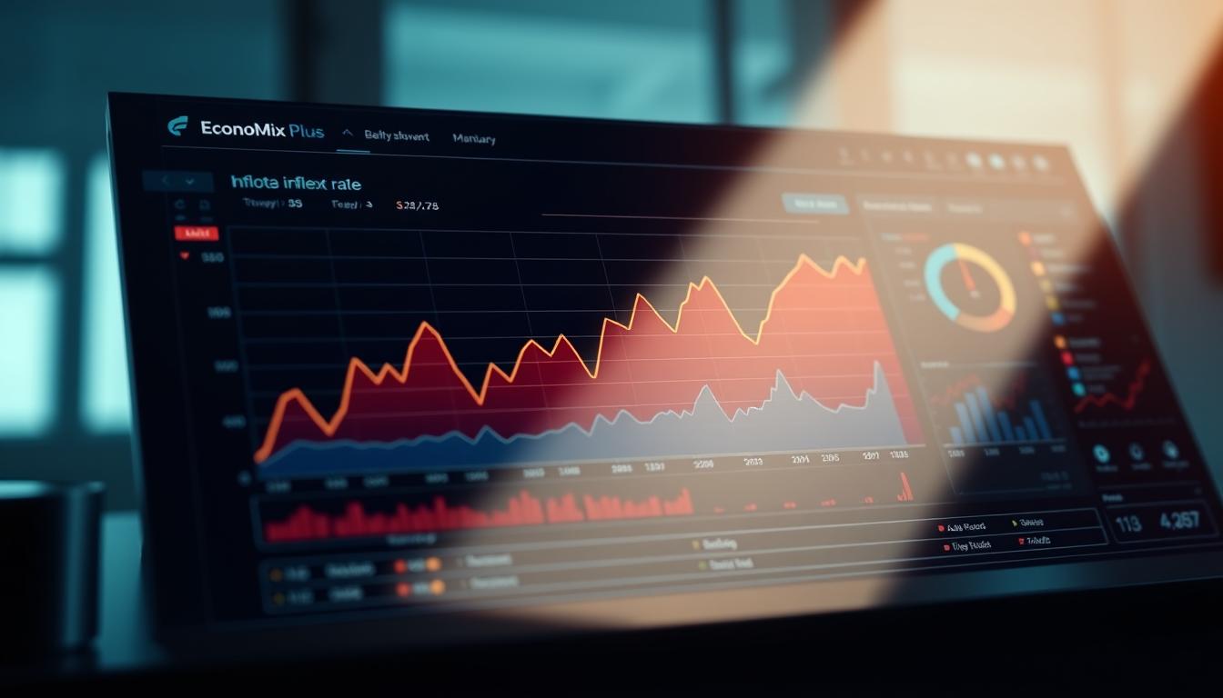 A captivating data visualization of Canada's inflation rate, portrayed against a backdrop of a sleek, modern financial dashboard. The focal point is a line graph depicting the fluctuations in the consumer price index, rendered in a bold, yet refined color palette. The graph is complemented by additional metrics and indicators, all seamlessly integrated into the &quot;EconoMix Plus&quot; interface. The overall composition conveys a sense of analytical precision, with a touch of sophistication befitting the subject matter. Soft, directional lighting illuminates the scene, casting subtle shadows and highlights that add depth and dimensionality to the image.