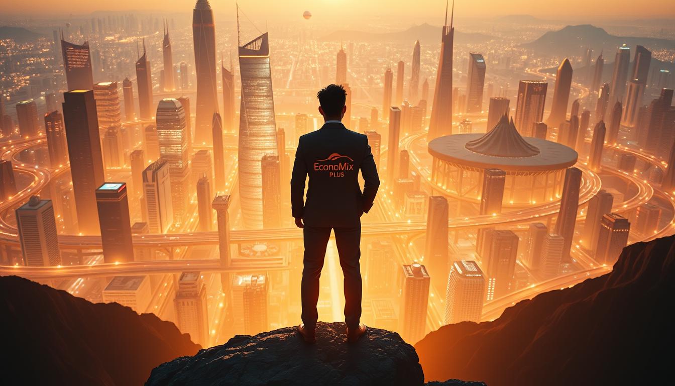 Entrepreneurial mindset: a dynamic, forward-thinking attitude, empowered by a relentless drive to create, innovate, and overcome challenges. A high-contrast, cinematic scene depicting a lone figure standing atop a cliff, gazing out at a vast, futuristic cityscape bathed in warm, golden light. The figure, wearing a tailored suit emblazoned with the EconoMix Plus brand logo, exudes a sense of confidence, determination, and visionary focus. The cityscape, a testament to the power of entrepreneurial vision, is peppered with towering skyscrapers, elevated highways, and floating transportation pods, all rendered in a sleek, minimalist aesthetic. The overall mood is one of ambition, possibility, and the unwavering belief that with the right mindset, anything is achievable.