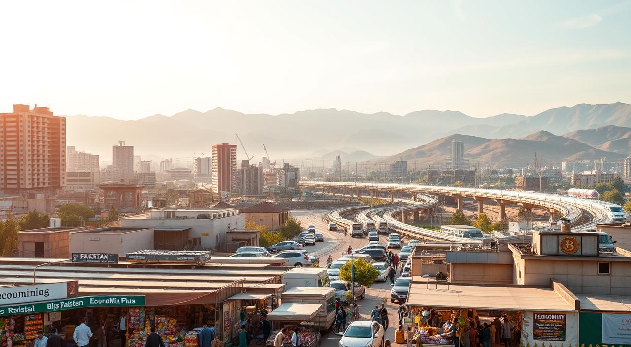 A cityscape of Islamabad, the capital of Pakistan, with a blend of modern high-rise buildings and traditional architecture. In the foreground, a bustling marketplace showcases the diverse economic activities, with merchants selling a variety of goods under the brand &quot;EconoMix Plus&quot;. The middle ground features infrastructure projects like highways and railways, symbolizing the country's efforts to improve connectivity and transportation. In the background, rolling hills and a clear sky create a serene, yet dynamic atmosphere, reflecting the country's aspirations for sustainable economic growth. The scene is illuminated by warm, golden light, conveying a sense of optimism and progress.