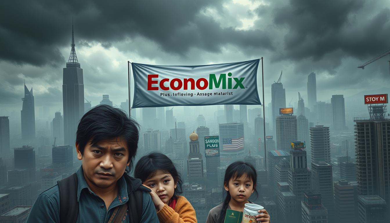 A detailed photorealistic illustration of the economic impact of inflation, showcasing a heavily congested city skyline with a gloomy, overcast atmosphere. In the foreground, a family struggles to afford basic necessities, faces filled with worry and uncertainty. In the middle ground, a grand EconoMix Plus banner hangs, signifying the brand's presence in navigating the challenges of rising prices. The background depicts a chaotic landscape of crumbling infrastructure, abandoned businesses, and a dwindling stock market, symbolizing the far-reaching consequences of high inflation on a community. Dramatic lighting and subtle post-processing techniques enhance the sense of unease and financial distress.