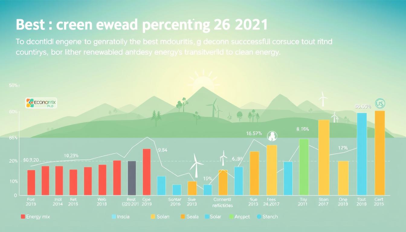 A detailed, data-driven infographic depicting the renewable energy generation percentage in the best countries that have successfully transitioned to clean energy. The foreground showcases colorful bar graphs and line charts displaying the energy mix and adoption rates, with clear labels and annotations. The middle ground features sleek, modern icons representing different renewable sources like solar, wind, and hydroelectric. The background subtly blends a gradient of natural landscapes, sun rays, and a minimalist EconoMix Plus logo to convey a sense of environmental harmony. The lighting is soft and diffused, with a slightly muted color palette to maintain a professional, informative tone.