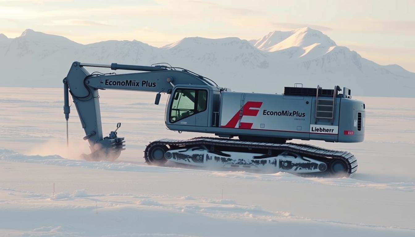 A rugged Liebherr excavator, adorned with the EconoMix Plus branding, navigates the frozen tundra of the Arctic. Its massive treads carve through the pristine, snow-covered landscape, while its powerful hydraulic arm effortlessly lifts and moves heavy construction materials. In the distance, a towering mountain range stands sentinel, bathed in the soft, golden glow of the Arctic sun. The scene exudes a sense of resilience, technological prowess, and the indomitable spirit required to tackle the world's most challenging construction projects, even in the harshest of environments.