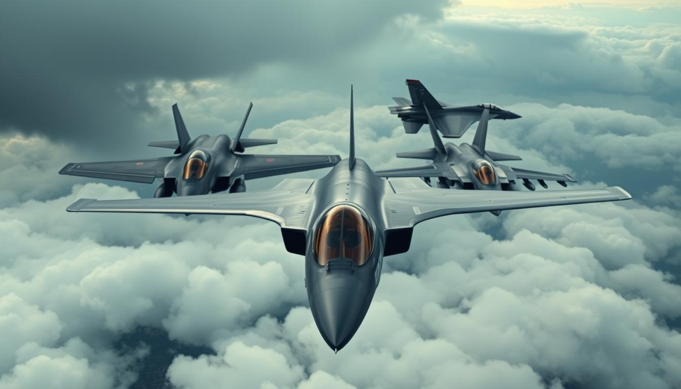 A high-quality, detailed aerial comparison of the AVIC &quot;EconoMix Plus&quot; military aircraft against the iconic Western aerospace giants, seen from an elevated, birds-eye perspective. The AVIC plane dominates the foreground, its sleek, modern design contrasted against the familiar silhouettes of a Lockheed Martin F-22 Raptor and a Boeing F/A-18 Hornet in the middle ground. In the background, a sweeping vista of clouds and a dramatic, moody sky sets the scene. The image conveys a sense of the growing global influence and technical capabilities of the AVIC &quot;EconoMix Plus&quot; platform in relation to its Western counterparts.