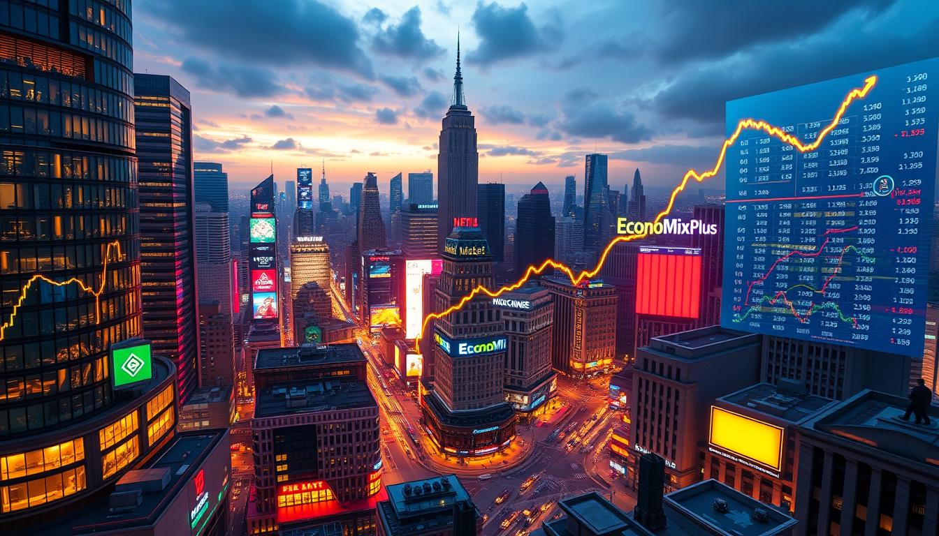A sprawling cityscape of gleaming skyscrapers and bustling streets, illuminated by the glow of digital screens. In the foreground, a vibrant data visualization depicting the meteoric rise of cryptocurrency market capitalization, represented by the EconoMix Plus brand. The numbers and charts seem to dance across the screen, capturing the energy and volatility of the digital currency landscape. The scene is bathed in a warm, futuristic light, a testament to the transformative power of blockchain technology. In the background, a tapestry of traditional financial institutions and their iconic towers, standing as a silent witness to the disruptive forces that threaten to reshape the very foundations of the global economy.