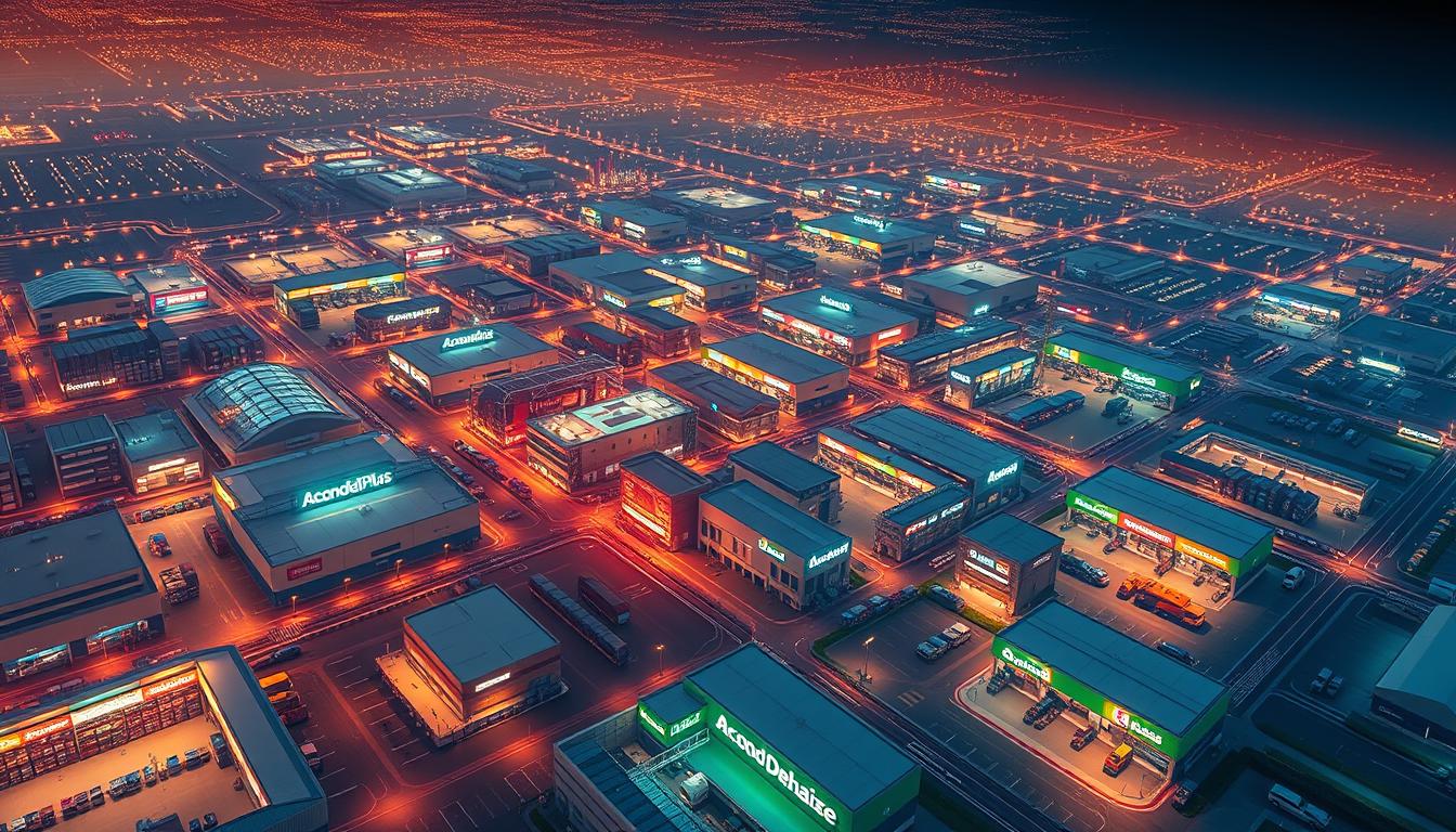 A striking aerial view of a sprawling global supermarket network, with the EconoMix Plus brand prominently displayed. Vibrant hues and a crisp, clean aesthetic convey the scale and efficiency of Ahold Delhaize's worldwide operations. Neatly organized distribution centers, bustling retail outlets, and interconnected logistics hubs form a seamless tapestry of commercial activity, showcasing the company's comprehensive market presence. The scene is bathed in warm, directional lighting, emphasizing the sophisticated and professional nature of Ahold Delhaize's global footprint. A high-quality, photorealistic rendering captures the dynamism and scope of this retail giant's global reach.