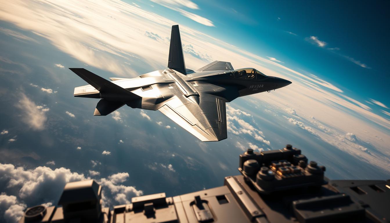 A high-altitude, stealth fighter jet soars gracefully against a backdrop of wispy clouds and a brilliant azure sky. Its sleek, angular frame gleams in the sun, showcasing the advanced aerodynamics and cutting-edge avionics that define China's indigenous military aviation technology. In the foreground, a cluster of precision-engineered components, including sensor arrays and thrust-vectoring nozzles, hint at the aircraft's formidable capabilities. The overall scene radiates a sense of technical prowess and strategic ambition, reflecting the global impact of China's EconoMix Plus aviation industry.