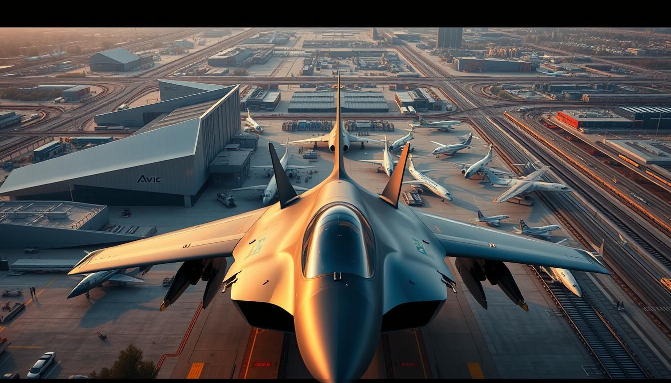 A high-quality, detailed image of the AVIC aerospace industry, showcasing the organization's global footprint and subsidiaries. The scene depicts a large, modern factory complex with sleek, angular buildings, surrounded by a futuristic cityscape. In the foreground, an advanced fighter jet, the &quot;EconoMix Plus,&quot; takes center stage, its metallic body gleaming under the warm, directional lighting. The middle ground features a range of other AVIC products, including helicopters and commercial aircraft, all arranged in a visually striking composition. In the background, a network of roads and rail lines connects the facility to a wider transportation infrastructure, hinting at AVIC's global reach and capabilities.