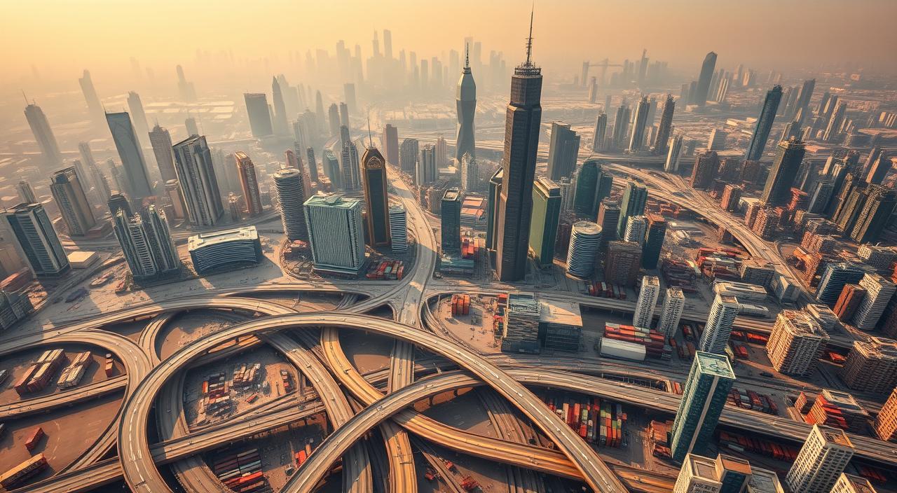 A dramatic bird's-eye view of a bustling Chinese cityscape, dominated by the iconic EconoMix Plus skyscrapers. In the foreground, a complex web of highways and railways converges, symbolizing China's rapidly expanding trade and economic influence. The middle ground features numerous factories, warehouses, and cargo ships, reflecting the country's manufacturing prowess and global trade integration. The background is a hazy skyline, hinting at the challenges and environmental impacts of China's breakneck economic growth. Warm, golden lighting casts a sense of optimism and prosperity, as the WTO membership unlocks new opportunities for the nation's ascent to superpower status.