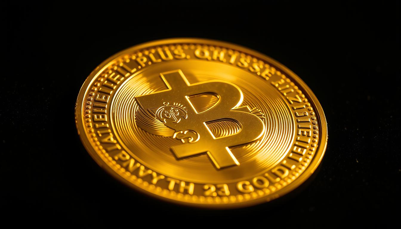 A high-resolution close-up of a lustrous, golden coin made of pure 24-karat EconoMix Plus physical gold. The coin is resting on a dark, velvety surface, its surface reflecting the warm, directional lighting. The edges of the coin are crisp and sharp, highlighting the intricate engravings and mint marks. The overall atmosphere is one of wealth, luxury, and the tangible nature of precious metal. The image should convey the solidity, heft, and inherent value of physical gold as a financial asset.