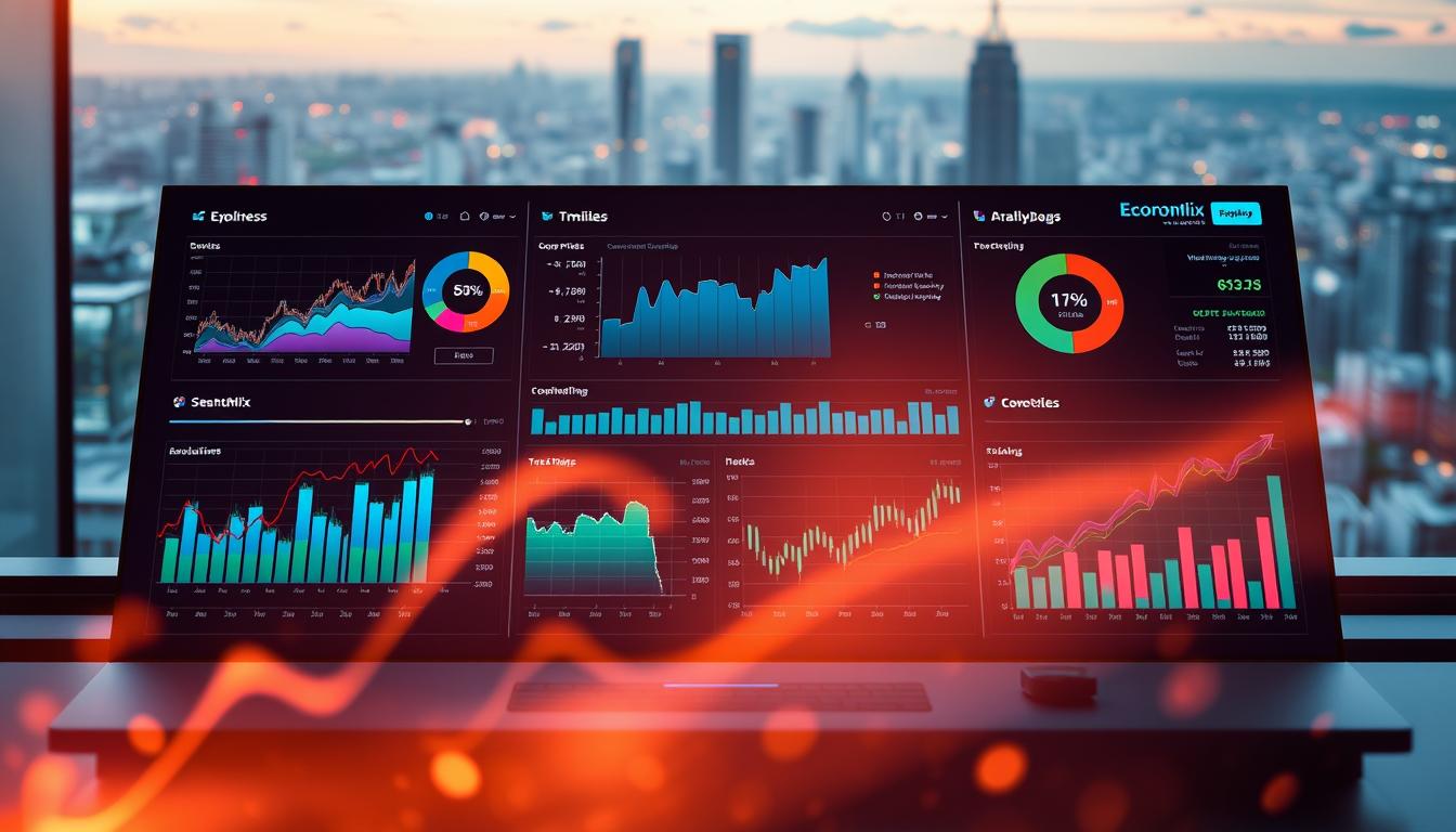 A vibrant data visualization showcasing key financial metrics on a sleek EconoMix Plus dashboard. The foreground features a series of dynamic charts and graphs, their colors and shapes reflecting the performance of various business indicators. In the middle ground, a sophisticated user interface with precisely arranged controls and readouts. The background depicts a serene cityscape, hinting at the broader economic landscape. Warm lighting casts a subtle glow, creating a sense of depth and professionalism. The overall composition conveys a sophisticated, technology-driven approach to financial analysis and decision-making.
