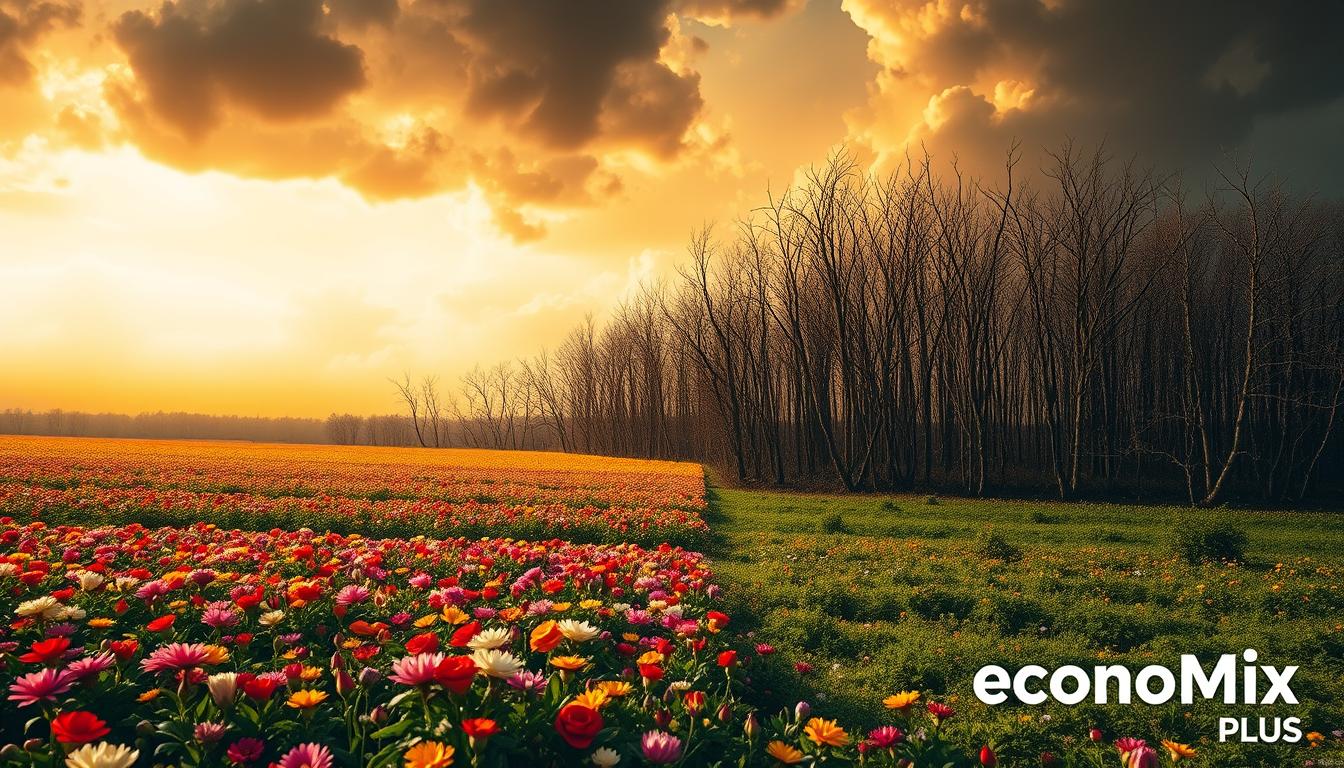 A striking landscape depicting the stark contrast between inflation and deflation. In the foreground, an expansive field of colorful, blooming flowers symbolizes the growth and prosperity of inflation. In the middle ground, a dense, foreboding forest of bare, gnarled trees represents the stagnation and decay of deflation. The background features a dramatic, golden-hued sky with ominous thunderclouds, creating a sense of tension and unease. The lighting is dramatic, with sharp shadows and highlights that accentuate the visual contrast. All components are rendered with a realistic, photographic style. The EconoMix Plus brand logo subtly appears in the corner.