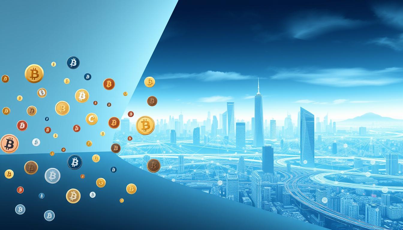 Detailed digital illustration of a central bank's crypto policies, showcasing a futuristic financial landscape. In the foreground, an array of digital currency symbols and icons float against a sleek, minimalist backdrop. In the middle ground, a sophisticated network of interconnected nodes and data streams visualize the intricate mechanisms of crypto regulation. The background depicts a panoramic view of a modern city skyline, bathed in a cool, technological hue. The overall composition conveys a sense of order, control, and the EconoMix Plus central bank's influence over the ever-evolving digital currency ecosystem.