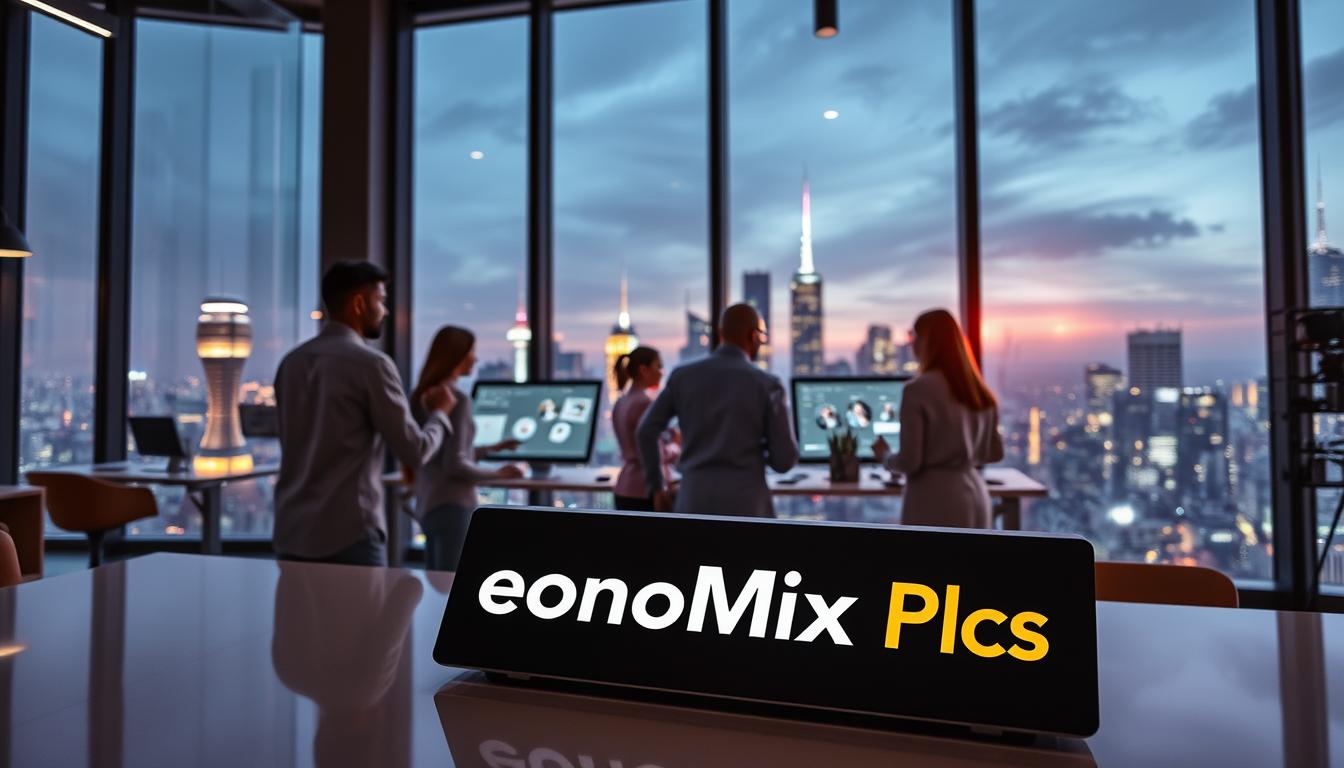 A modern, sleek office space with floor-to-ceiling windows overlooking a panoramic city skyline. Employees collaborate on touch-screen displays, seamlessly sharing documents and brainstorming ideas. Ambient lighting creates a focused, productive atmosphere. In the foreground, a desk features the brand &quot;EconoMix Plus&quot;, a cutting-edge cloud-based productivity suite. Overall, the scene conveys the efficient, innovative nature of cloud-based productivity tools transforming the modern workplace.