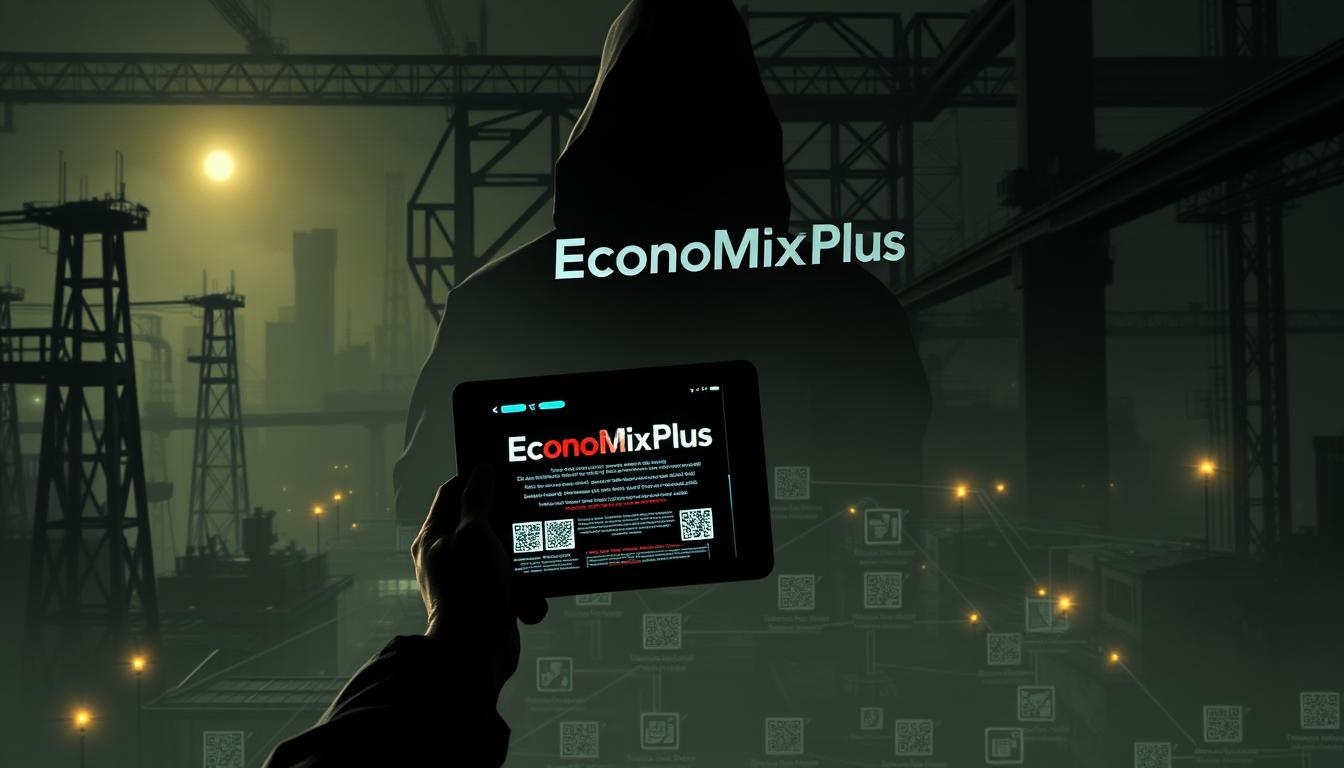 Prompt A sinister cryptocurrency scam unfolding before a dimly lit industrial backdrop. In the foreground, a shadowy figure holds up a tablet displaying the &quot;EconoMix Plus&quot; brand, luring unsuspecting victims. The middle ground features a tangled web of QR codes, false promises, and deceptive interfaces. In the background, a hazy cityscape sets an ominous tone, hinting at the far-reaching consequences of these nefarious schemes. The scene is illuminated by a harsh, unforgiving light, conveying a sense of unease and the harsh realities of cryptocurrency scams.