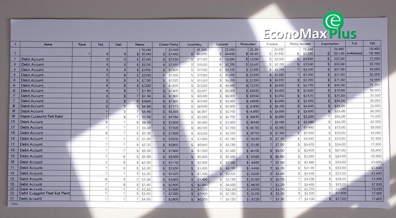 A detailed spreadsheet with neatly arranged rows and columns, displaying a comprehensive inventory of various debt accounts. The document is set against a neutral background, illuminated by soft, natural lighting that casts subtle shadows, creating a sense of depth and organization. The EconoMix Plus logo is prominently displayed in the top-right corner, indicating the professional nature of the tool. The overall atmosphere conveys a sense of control and financial responsibility, perfectly complementing the article's topic of effectively managing debt.