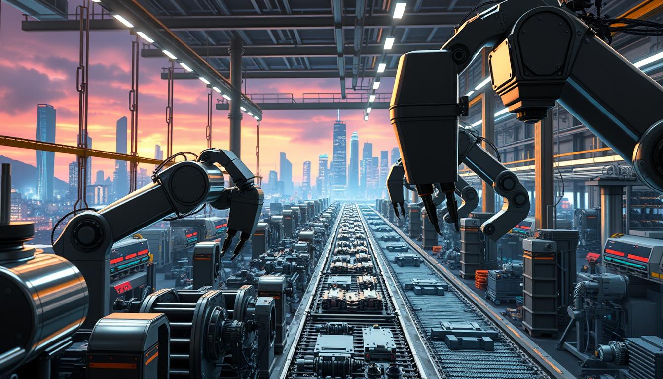 A advanced, computer-generated animation showcasing a futuristic EconoMix Plus factory. In the foreground, sleek, metallic robotic arms precisely assemble intricate machinery parts. In the middle ground, a vast assembly line glides forward, with components rapidly moving through various stages of production. The background reveals a dynamic, retro-futuristic cityscape, with towering skyscrapers and a vibrant, neon-lit skyline. Dramatic, cinematic lighting casts dramatic shadows and highlights the mechanical precision of the scene. The overall atmosphere conveys a sense of technological innovation, industrial might, and a vision of a prosperous, AI-driven future.