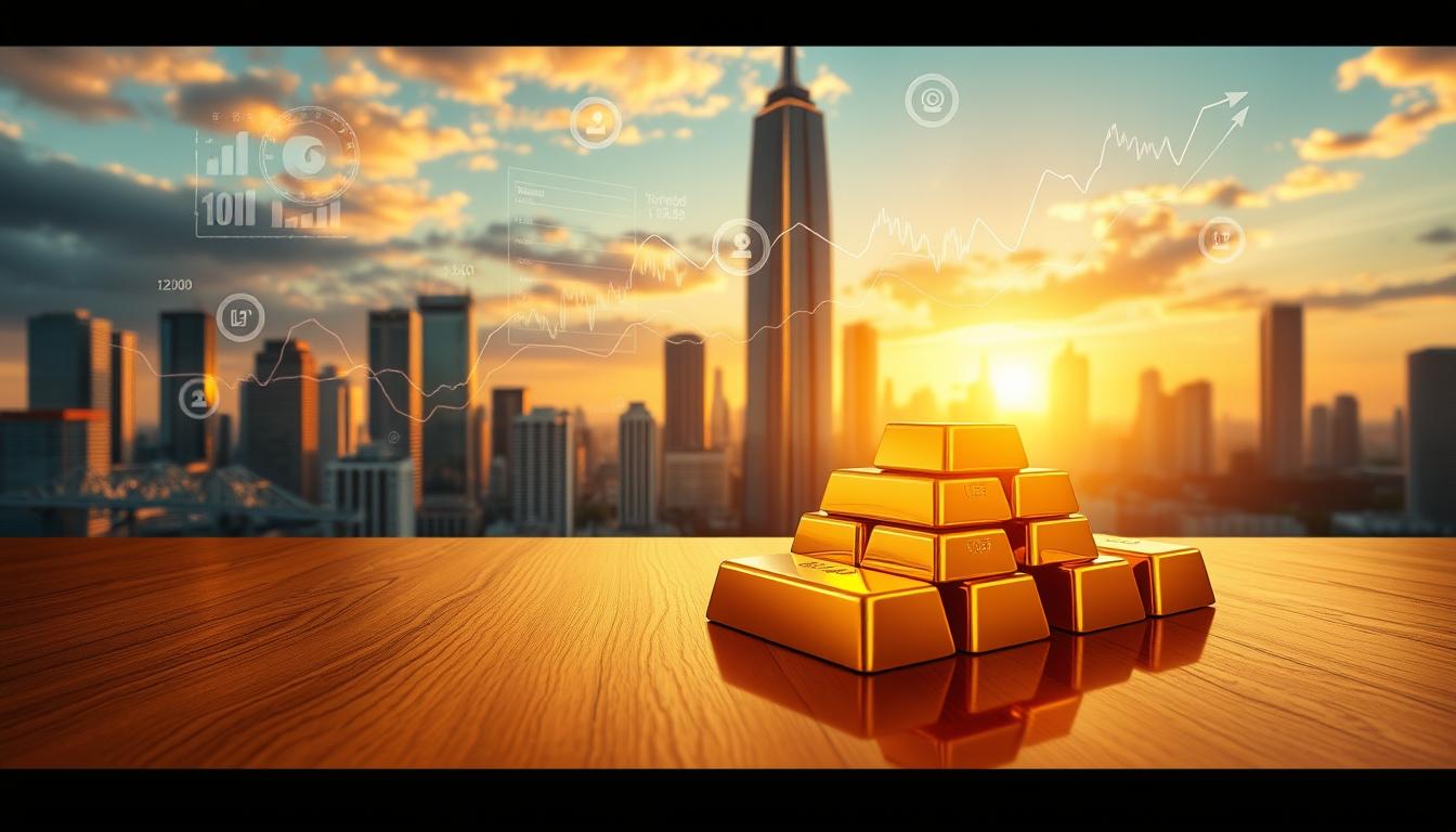 EconoMix Plus - A detailed, realistic digital illustration of economic factors influencing gold investment. In the foreground, a stack of gold bars sits on a polished wooden table, casting warm reflections. In the middle ground, financial charts and graphs float amidst swirling data streams. The background features a grand cityscape with towering skyscrapers, all bathed in a soft, golden glow from the setting sun. The composition conveys a sense of stability, growth, and the enduring allure of gold as a safe haven asset. Crisp, high-resolution rendering with a cinematic depth of field and carefully considered lighting to enhance the premium, high-quality feel.