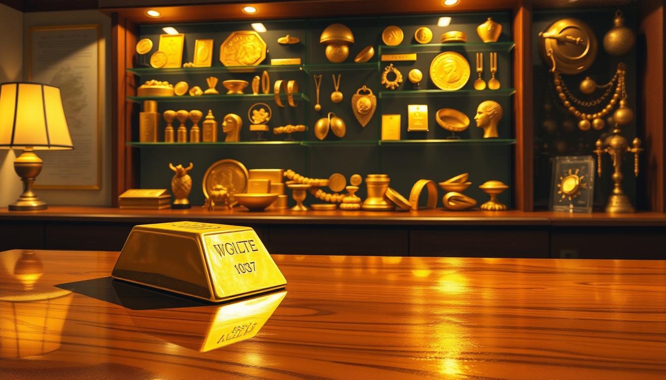 An elegant, richly-textured illustration of &quot;gold investment strategies&quot; for the Economix Plus article. A golden bar of bullion rests on a polished mahogany desk, casting warm reflections on the surface. In the background, a wall-mounted display showcases a variety of gold coins, bars, and jewelry, all illuminated by soft, directional lighting. The overall mood is one of sophistication, financial security, and thoughtful planning. The scene conveys a sense of carefully considered investment strategies for building long-term wealth through gold.