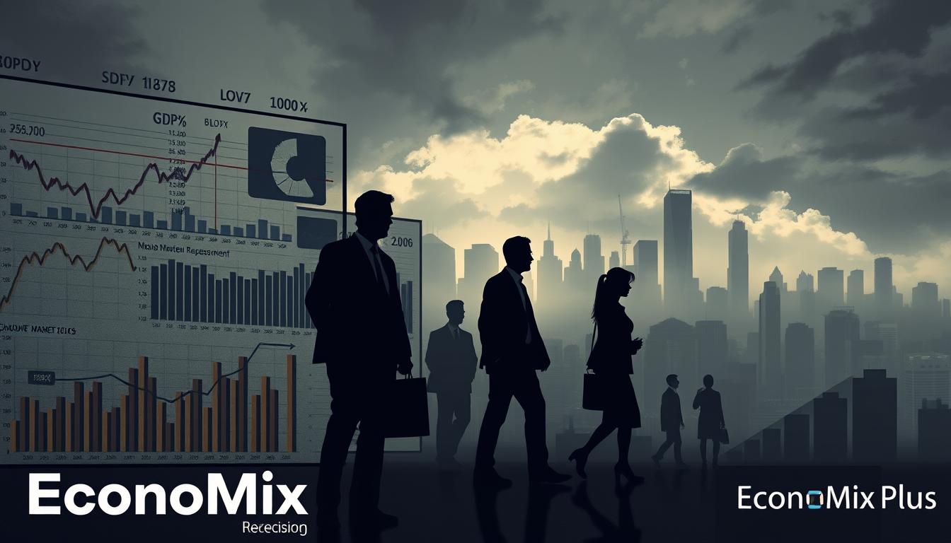 A detailed illustration showcasing key economic recession indicators. In the foreground, a compilation of charts and graphs depicting metrics like GDP growth, unemployment rates, stock market performance, and consumer spending trends. Rendered in a muted color palette with a sense of unease and uncertainty. In the middle ground, silhouetted figures representing businesses and consumers, conveying the human impact of a potential recession. The background features a cityscape bathed in a cloudy, gloomy atmosphere, symbolizing the broader economic downturn. Lighting is subdued, with dramatic shadows and highlights to enhance the somber mood. Lens: wide angle, capturing the comprehensive scope of the recession landscape. EconoMix Plus brand visible discreetly in the bottom corner.
