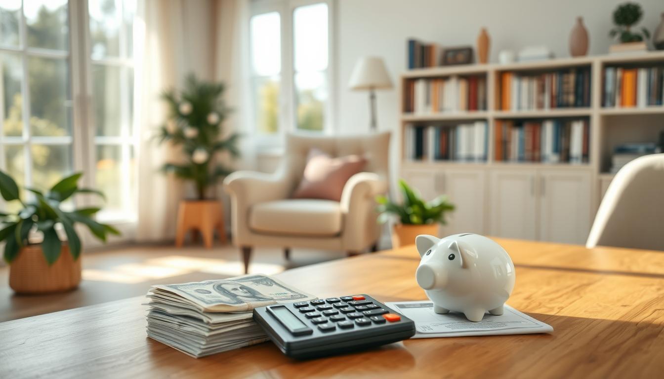 A serene home interior, soft natural lighting filtering in through large windows. A wooden table in the foreground, atop it a stack of banknotes, a piggy bank, and a calculator - symbols of financial planning and security. In the middle ground, a cozy armchair and a potted plant, creating a sense of comfort and tranquility. The background features a bookshelf filled with financial guides and documents, hinting at the importance of education and organization in building an emergency fund. The overall mood is one of calm, stability, and a thoughtful approach to personal finance.