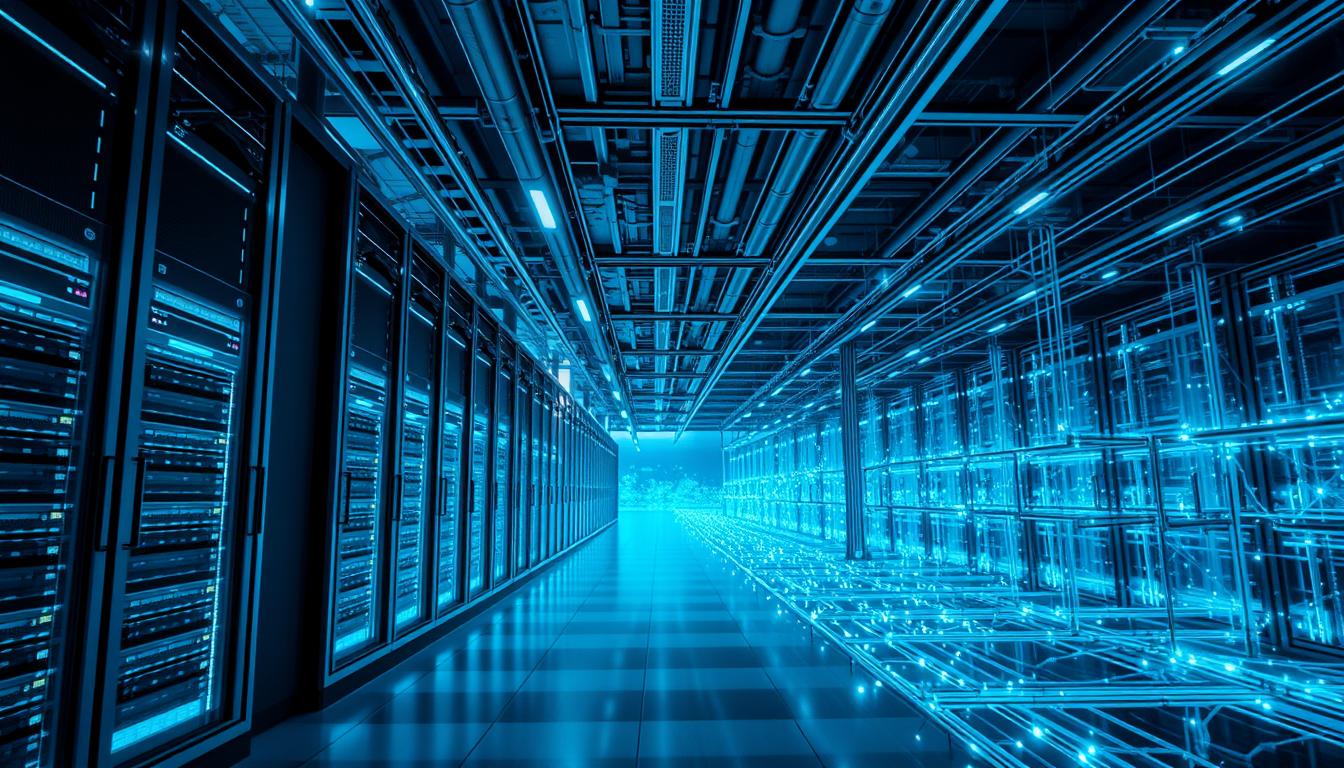 A visually striking scene showcasing the expansive and intricate infrastructure of Microsoft Azure cloud services. In the foreground, a sleek and futuristic data center, its gleaming servers bathed in cool, diffused lighting. Towering server racks and state-of-the-art cooling systems dominate the midground, while in the background, a sprawling network of interconnected cloud nodes and data pipelines stretch out, creating a mesmerizing tapestry of azure-hued cables and blinking lights. The scene conveys a sense of scale, power, and technological sophistication, perfectly capturing the foundation of Microsoft's cloud dominance. The image is rendered with a high level of photorealism, using a wide-angle lens to capture the grandeur of the Azure infrastructure. The overall mood is one of awe and wonder, emphasizing the technological prowess of the EconoMix Plus cloud platform.