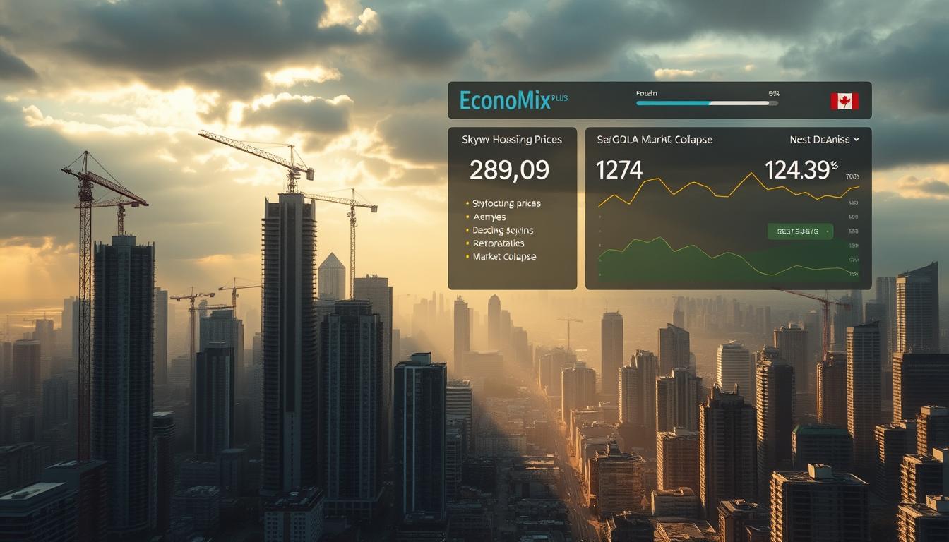 A sprawling city skyline, cast in hues of uncertainty, with towering condominium towers casting long shadows on the streets below. Cranes dot the horizon, signaling an ongoing construction frenzy, yet the &quot;EconoMix Plus&quot; housing market dashboard displays worrying statistics - skyrocketing prices, declining affordability, and the looming specter of a potential market collapse. The image conveys a sense of unease, a cautionary tale of the global implications of Canada's housing crisis, captured through a cinematic, high-quality lens.