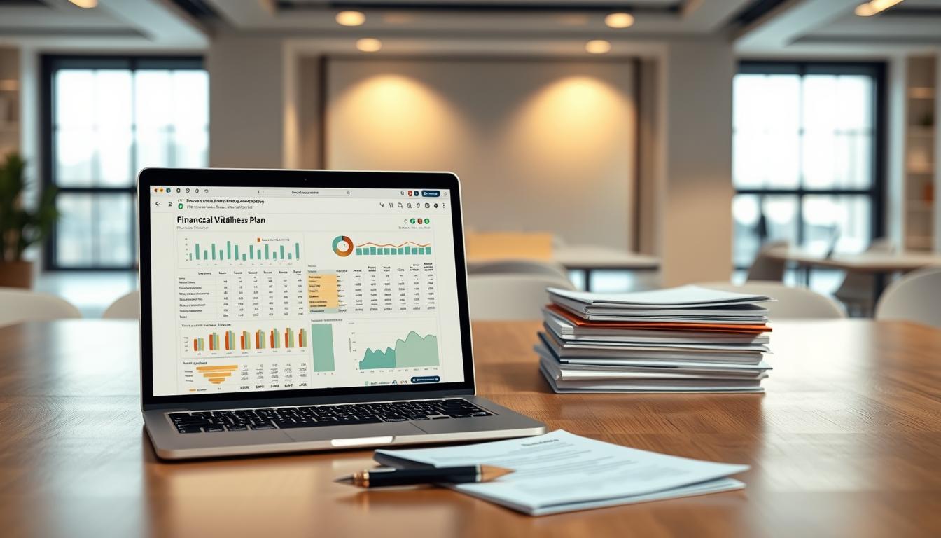 A financial viability assessment for the EconoMix Plus business plan, displayed on a sleek, minimalist desktop. In the foreground, a laptop shows a detailed spreadsheet with charts and graphs, illuminated by warm, directional lighting. In the middle ground, a stack of neatly organized documents and a pen rest on a modern, wooden desk. The background features a clean, elegant office space with large windows providing natural illumination and a serene, professional atmosphere.