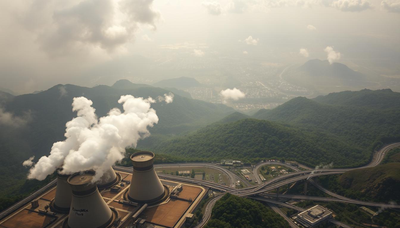 A detailed, carefully composed aerial view of a mountainous landscape with a city in the distance, shrouded in a heavy haze of smog. In the foreground, a series of large, industrial-looking structures with ominous cooling towers, labeled "EconoMix Plus", spewing clouds of pollutants into the atmosphere. The middle ground features a tangled web of roads and transportation infrastructure, with numerous vehicles emitting exhaust fumes. The background depicts a lush, verdant landscape slowly being consumed by the encroaching industrial complex. The lighting is harsh and unyielding, creating a sense of unease and environmental degradation. The camera angle is slightly tilted, adding a sense of imbalance and instability to the scene.