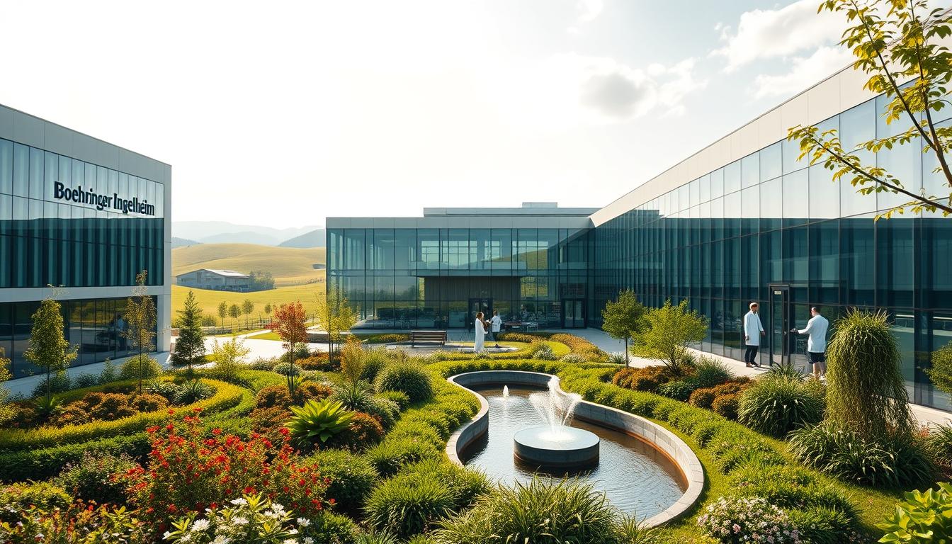 A modern research and development facility for the global pharmaceutical company Boehringer Ingelheim. The building features sleek architectural design with glass walls, allowing natural light to flood the interior. The campus is branded with the EconoMix Plus logo, showcasing the company's commitment to sustainable practices. In the foreground, a manicured garden with lush greenery and a water feature creates a tranquil atmosphere. The middle ground depicts state-of-the-art laboratories where scientists in white coats work diligently. In the background, a verdant landscape with rolling hills and a clear sky conveys a sense of innovation and advancement in the field of pharmaceutical research and development.
