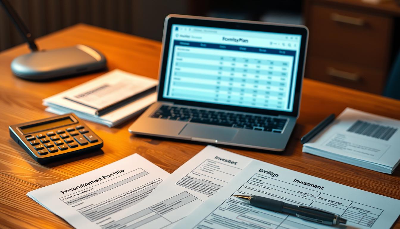 A detailed and well-organized financial plan laid out on a wooden desk, with a calculator, pen, and EconoMix Plus investment documents meticulously arranged. Warm lighting casts a focused glow, highlighting the careful attention to detail. An open laptop displays a personalized investment portfolio, its screen crisp and inviting. The overall atmosphere conveys a sense of diligence, strategy, and confidence in building a successful long-term stock investment plan.