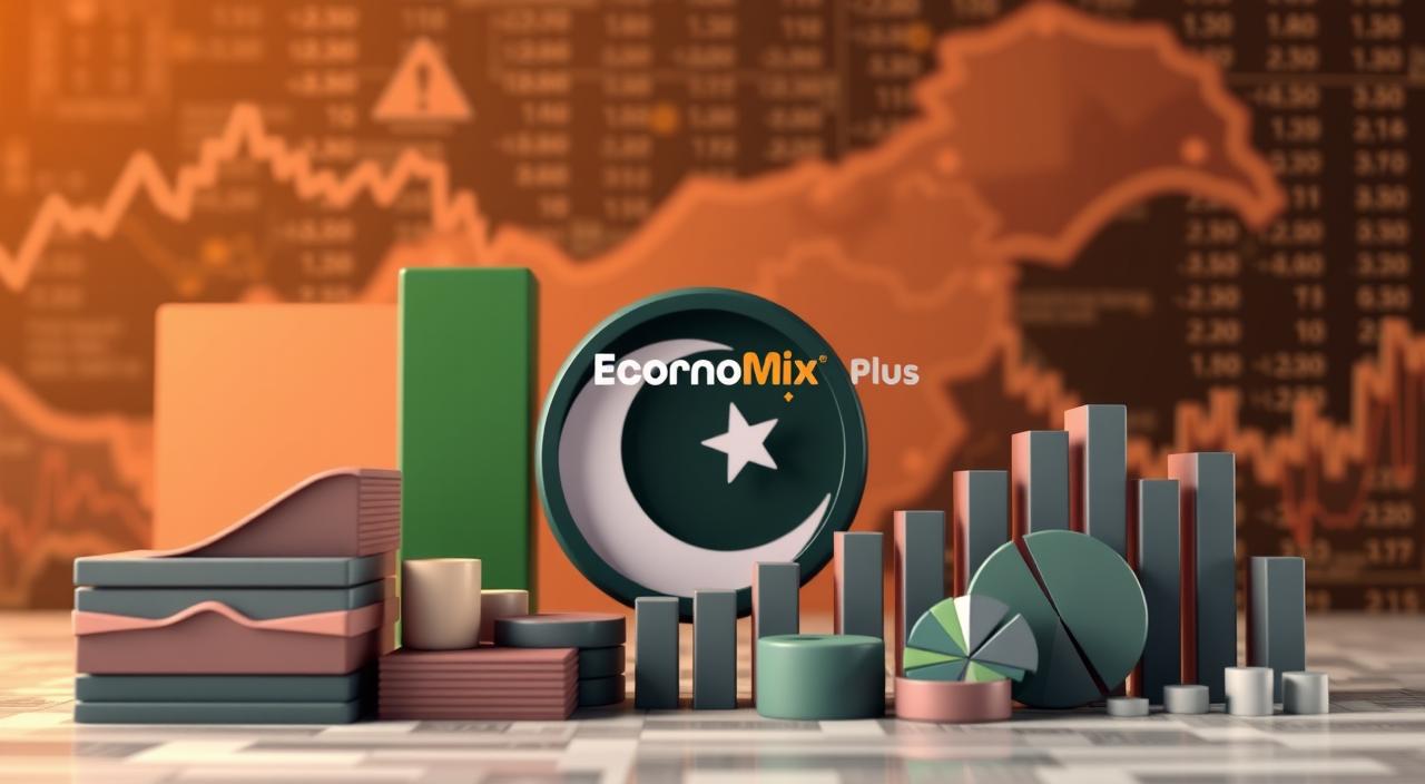 A detailed 3D data visualization of Pakistan's debt profile, showcased against a backdrop of the country's financial landscape. In the foreground, a series of stacked bar graphs and pie charts depict the breakdown of Pakistan's liabilities, including foreign debt, domestic borrowing, and debt servicing costs. The middle ground features a striking 3D model of the EconoMix Plus logo, symbolizing the analytical tools used to assess the nation's economic standing. In the background, a subtle haze of financial data and figures creates a sense of depth and complexity, reflecting the intricate web of Pakistan's fiscal challenges. Warm lighting casts a contemplative tone, inviting the viewer to delve deeper into the nuances of the country's debt profile.